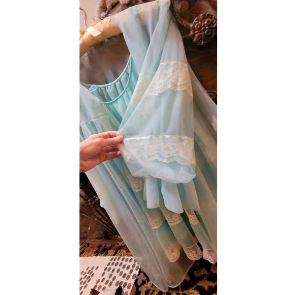 Miss Elaine 1960s Chic Blue Chiffon Lace Short Nightie w Sheer Robe 3/4 slv S/M - Picture 7 of 16